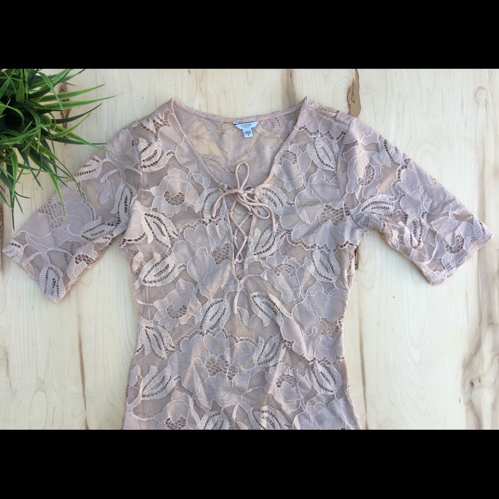 GUESS LACE Short Sleeve Tan lace up Top